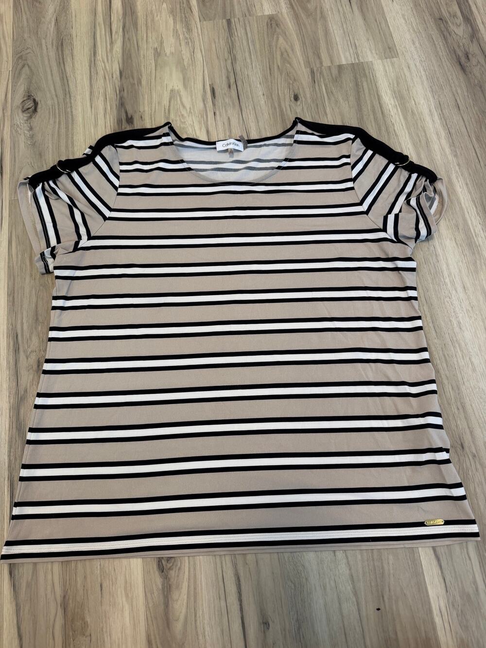 Calvin Klein Blouse Womens XL Black Nude Striped Round Neck Short Sleeve Casual